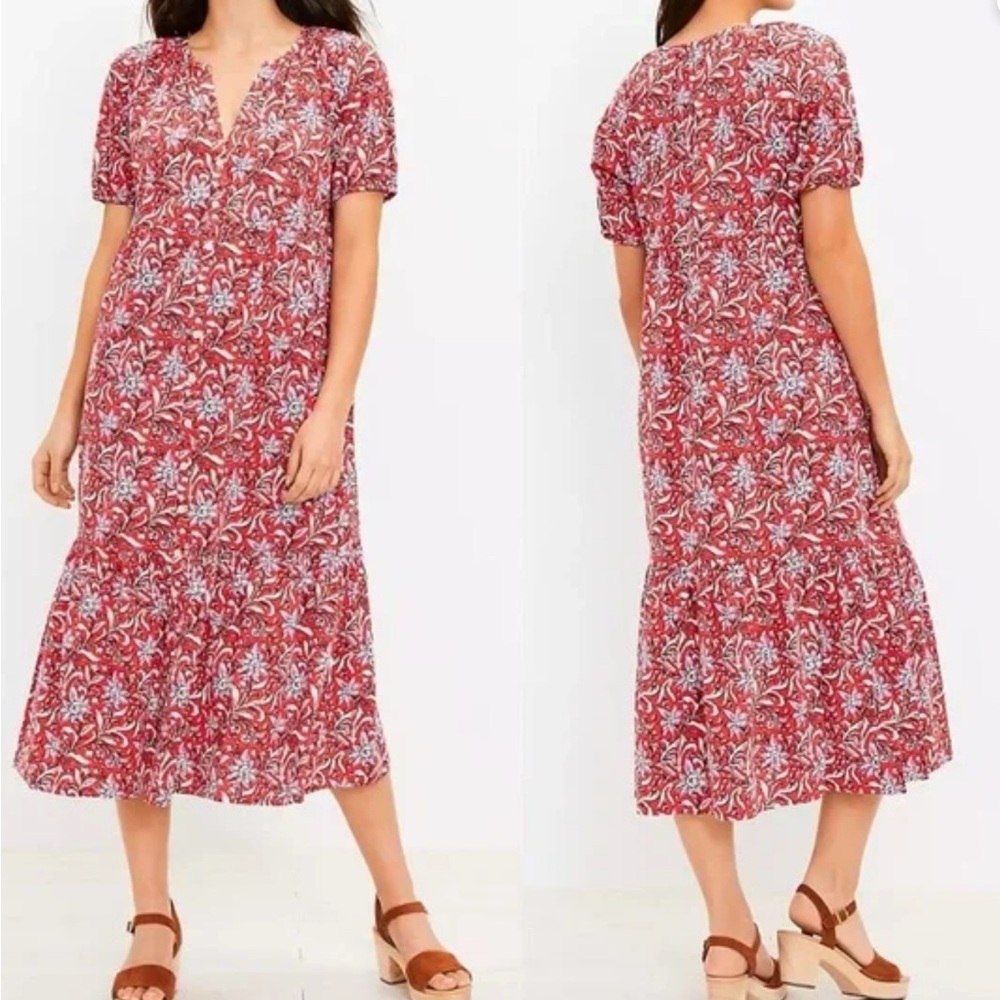 Loft Floral Red button front Midi Dress size Small NWT